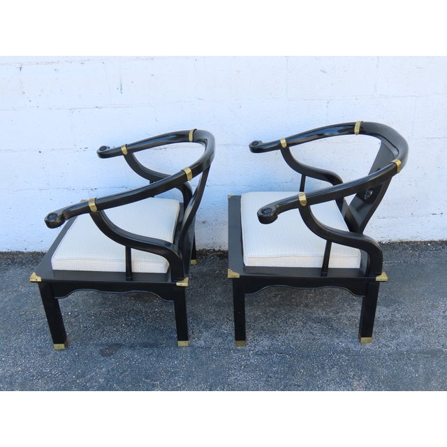 Hollywood Regency Ming Style Painted Black Lounge Side Chairs a Pair 6359 For Sale - Image 12 of 15