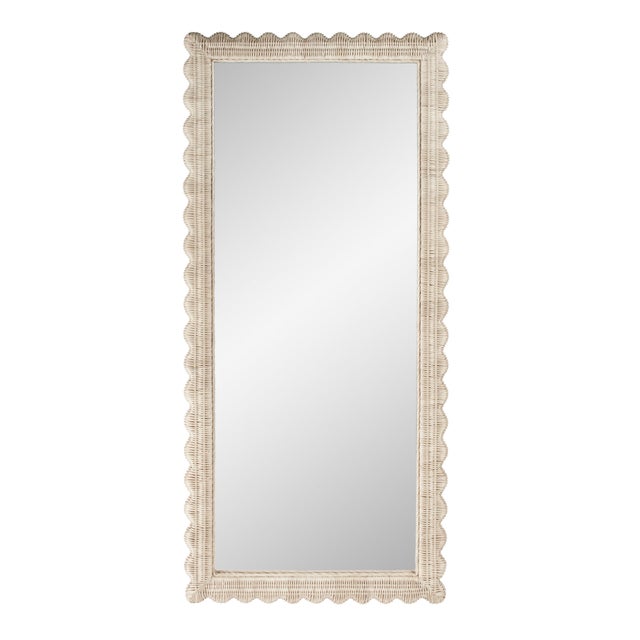 White Flora 32 in. W x 69.5 in. H Rectangular Scalloped Rattan Floor Mirror, Off-White For Sale - Image 8 of 8