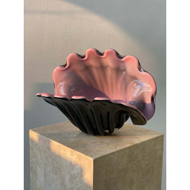Vintage 1960s Large Scale Black and Pink Murano Clam Shell Centerpiece Bowl Attributed to Archimede Seguso For Sale - Image 11 of 13