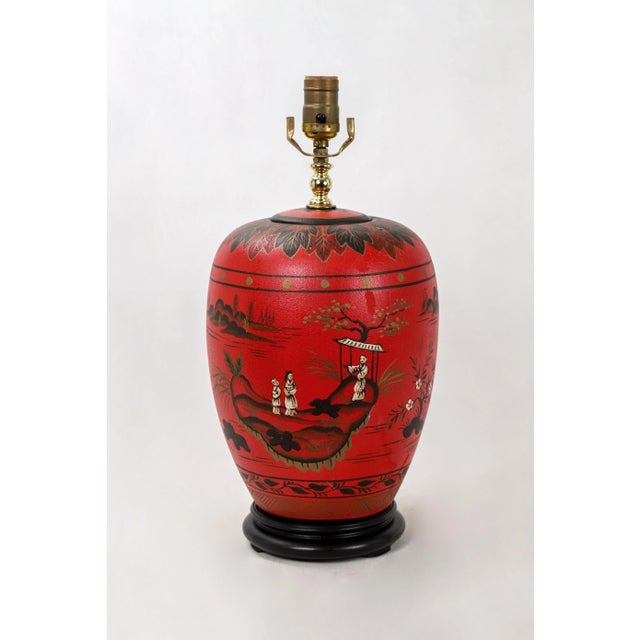 Vintage Chinoiserie Red Ginger Jar Lamp With Figured in White and Gold Color For Sale - Image 11 of 11