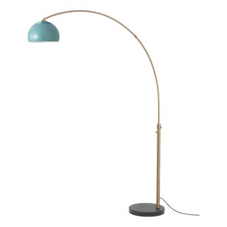 Half Dome 92" Arc Floor Lamp - Mid-Century Modern, Weathered Brass, Pool Blue Shade, Black Marble Base For Sale