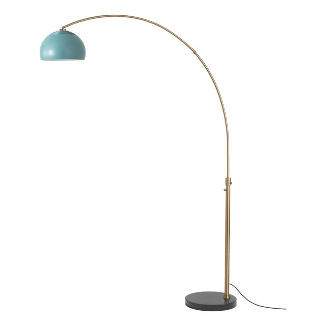 Half Dome 92" Arc Floor Lamp - Mid-Century Modern, Weathered Brass, Pool Blue Shade, Black Marble Base For Sale