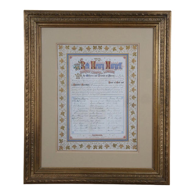 Antique 1879 Illustrated Certificate Rev Henry Margett Surrey Chapel London, Framed For Sale