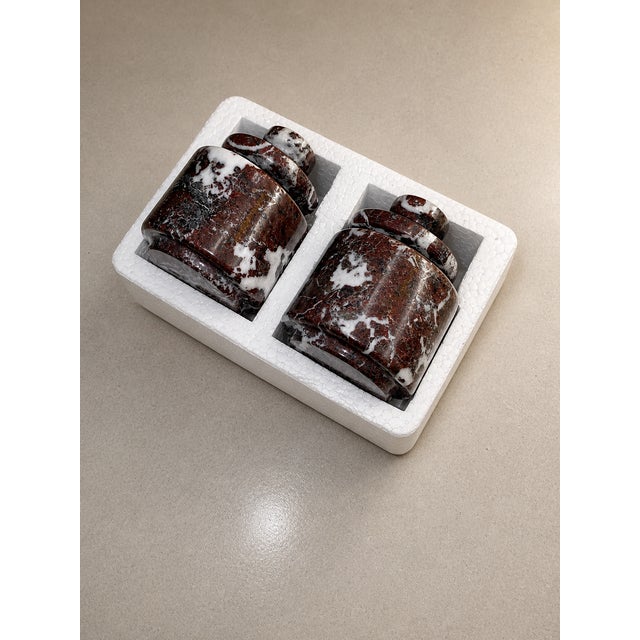 Burgundy Handcrafted Marble Salt Cellar Set of 2 – Red Marble Lidded Salt & Spice Containers For Sale - Image 8 of 8