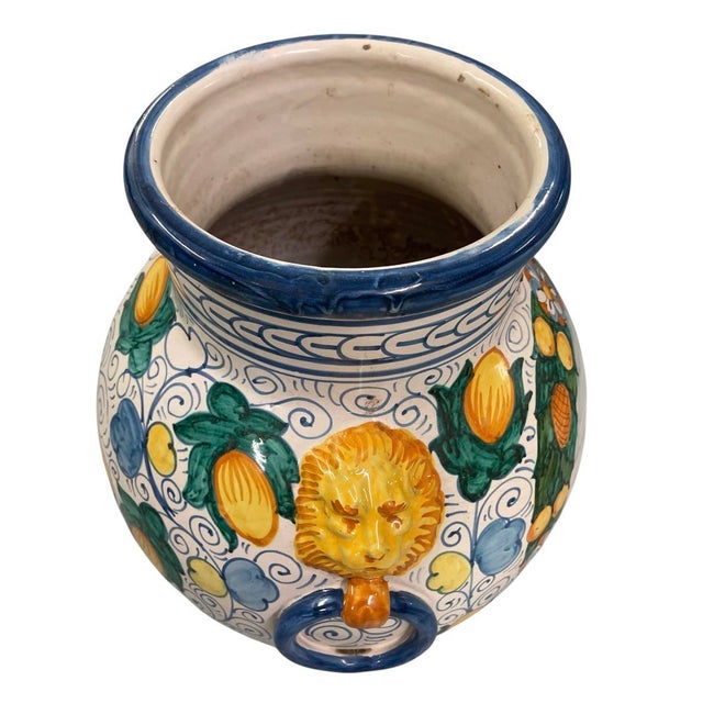 Vintage Italian Majolica Style Lion-Head Lemon Motif Ceramic Urn Vase For Sale In West Palm - Image 6 of 12