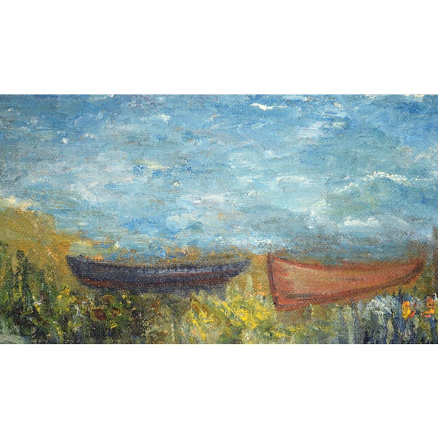 Blue Hildegarde Hamilton by Island Mountains and Boats by the Coast, Mid 20th Century Landscape For Sale - Image 8 of 11
