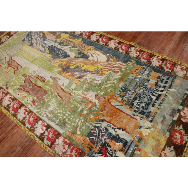 Zabihi Collection Running Deers Pictorial Vintage Karabagh Rug For Sale - Image 4 of 6