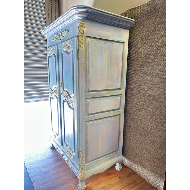 Gorgeous Whimsical and Romantic Blue Vintage French Provincial Armoire Custom Hand Painted. For Sale - Image 9 of 12