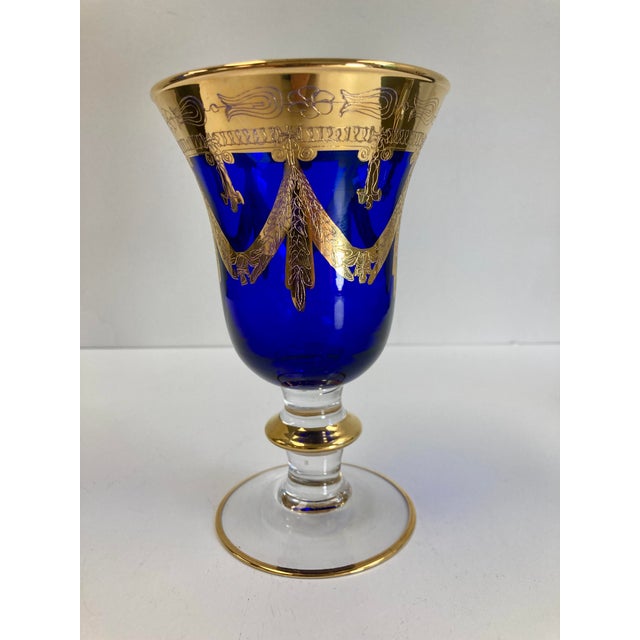 Vintage Horchow 24Kt Gold Cobalt Blue Crystal Wine/Water Glass Goblets - Set of 4 For Sale - Image 4 of 12