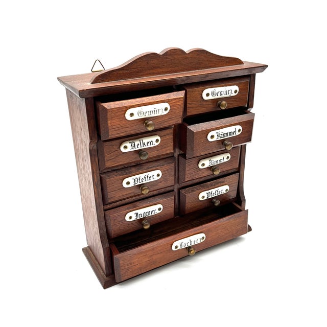 Ceramic Antique Miniature Wooden Spice Cabinet with Porcelain Labels and 9 Drawers, 1960s For Sale - Image 7 of 14