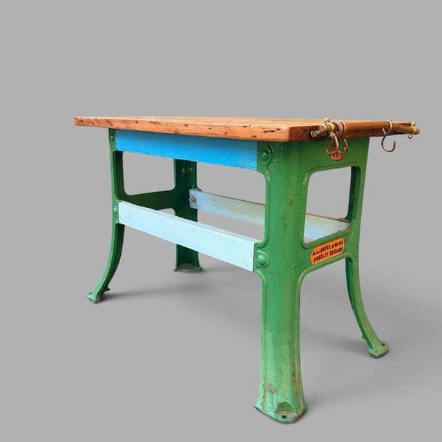 Vintage Industrial Pine Workbench with Cast Iron Base For Sale - Image 6 of 7