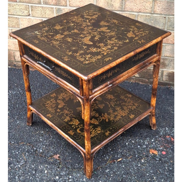 Late 20th Century Theodore Alexander Black Japanned and Ornate Bamboo Single Drawer Tier Side Table For Sale - Image 13 of 18