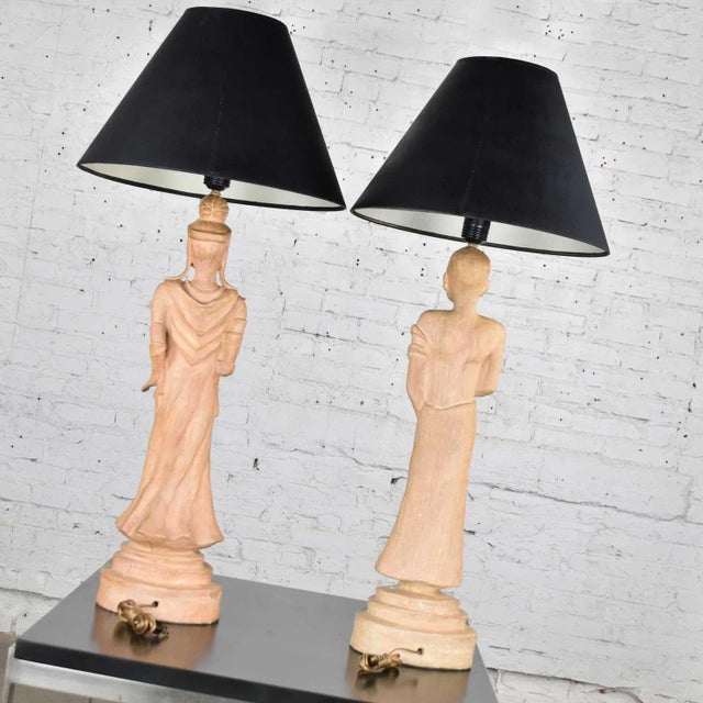Figurative Vintage Hollywood Regency Asian Figural Lamps Style of James Mont W/ Black Tapered Shades - a Pair For Sale - Image 3 of 13