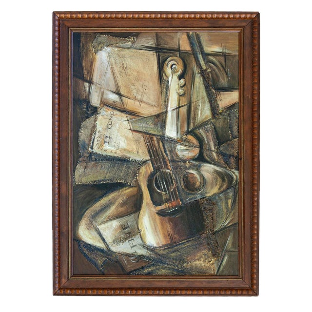 1970s Mid-Century Modern Cubist Oil Painting, Subject Guitar. Signed. For Sale - Image 13 of 15