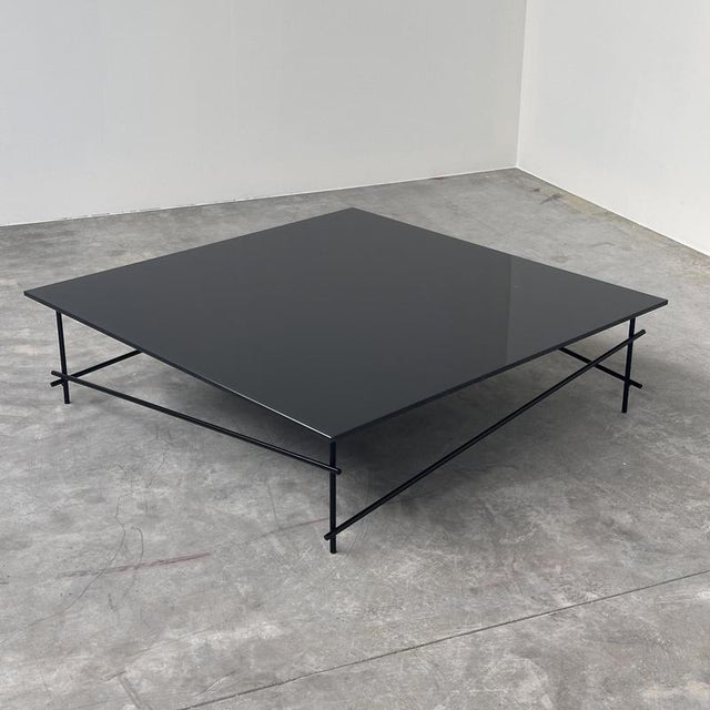 Minimalist Black Glass Coffee Table with Industrial Metal Base For Sale - Image 11 of 11