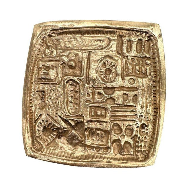 Paul Evans-style bronze cast door pull set with a distinct late 1960s Mid-century/Brutalist pattern across the front. This...