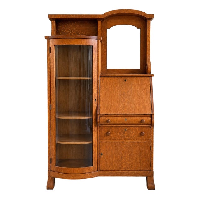 Antique Art Deco Secretary Desk | Burl Wood China Cabinet, Arched Mirror Writing Desk For Sale