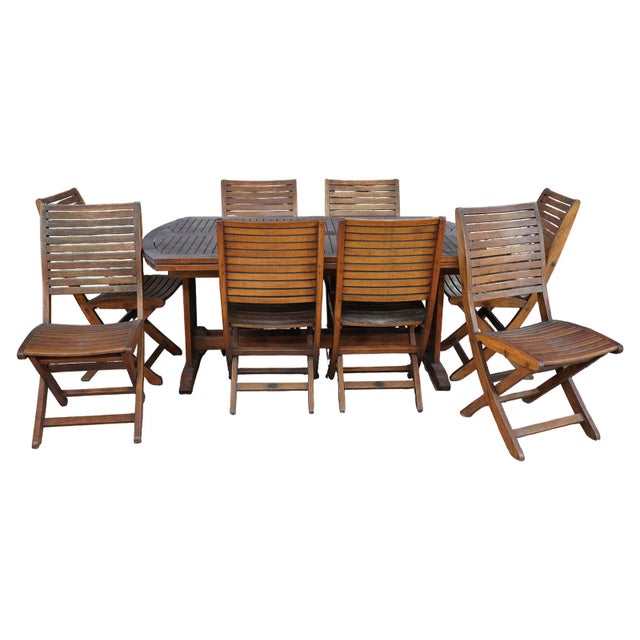 Les Jardins Teak Wood Patio Table and Eight Chairs Set Signed Outdoor Dining For Sale - Image 15 of 15