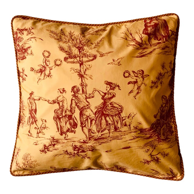 Toile De Jouy Throw Pillow Cover,"Printemps" Pattern, Red and Gold, 20-Inch Square For Sale
