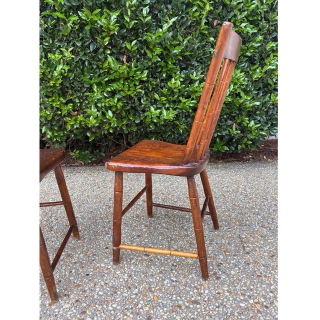 Rustic Primitive Small Scale Mid 19th Century Bamboo-Turned Windsor Side Chairs With Single Board Seats, a Pair For Sale - Image 6 of 9