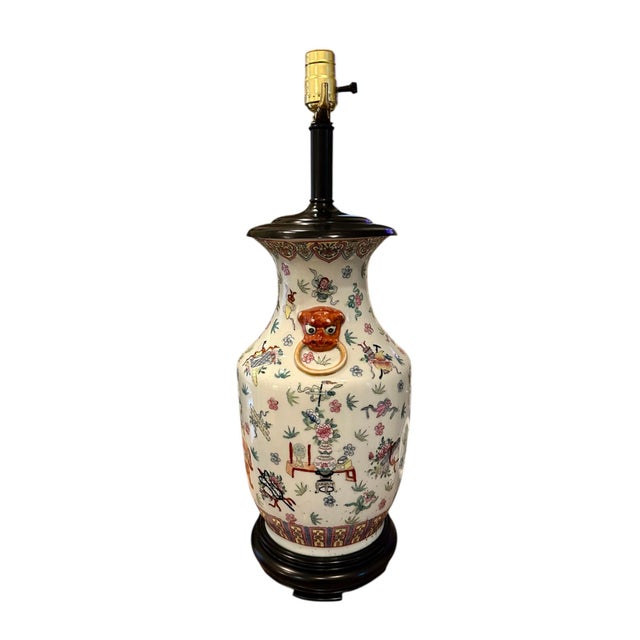 Vintage 20th Century Chinoiserie / Chinese Export Famille Rose Ginger Jar / Vase Lamp With Foo Dog Handles For Sale - Image 4 of 11
