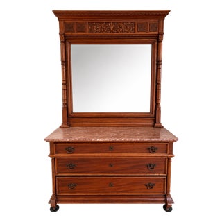 Antique Renaissance Dresser With Mirror and Marble Top For Sale