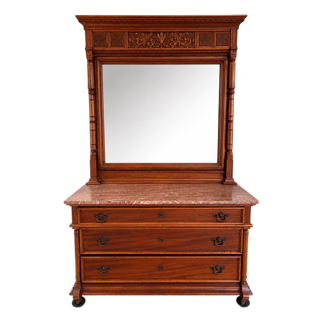 Antique Renaissance Dresser With Mirror and Marble Top For Sale