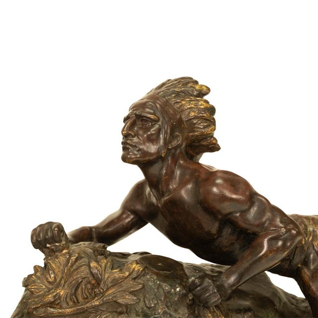 Antique French Art Deco Bronze Sculpture Native American Indian Hunter Scout by René-André Varnier, Circa 1920 For Sale - Image 15 of 18