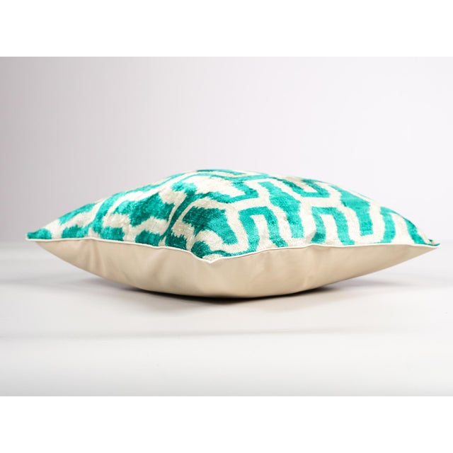 Teal Silk Velvet Geometric Ikat Pillow Cover, Handmade Cushion Cover, Turquoise Boho Home Decor, Throw Pillow Case For Sale - Image 4 of 4