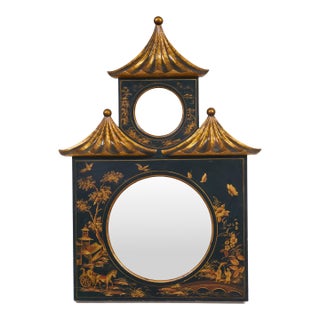 Chinoiserie Ebonized Two-Tiered Pagoda Topped Mirror For Sale