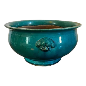 Large Antique 19th Century Chinese Monochrome Turquoise Glaze Censer Bowl With Lion Mask Handles