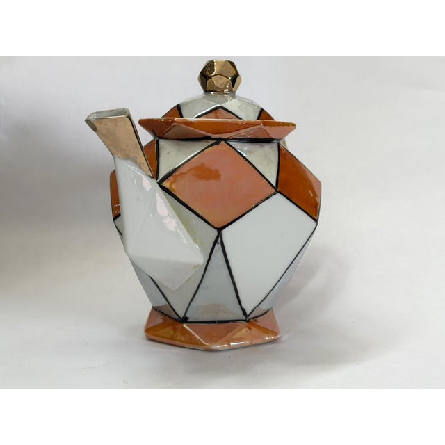 Art Deco 1920s Art Deco Teapot With Geometric Orange and White Pattern and Gold Luster Accents For Sale - Image 3 of 16