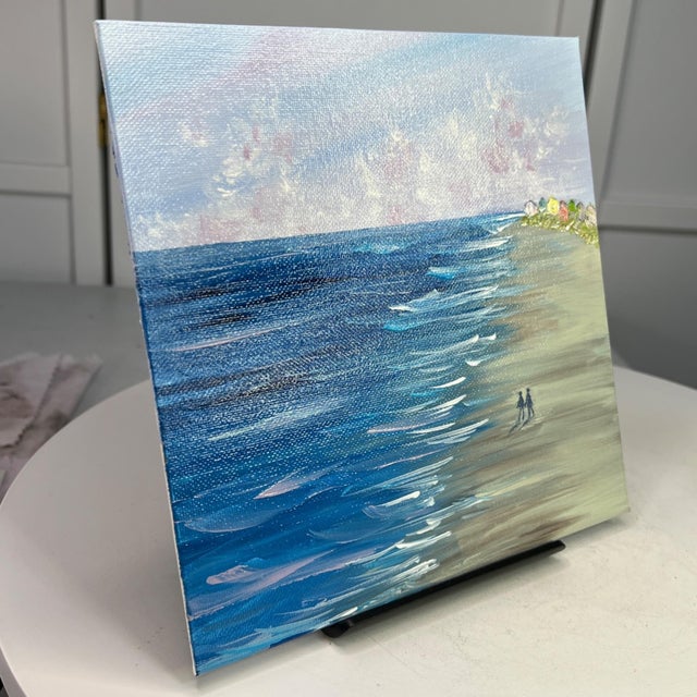 Contemporary Beach All to Ourselves Seascape Acrylic Painting Ocean Wall Art 8"x8" Unframed For Sale - Image 3 of 7