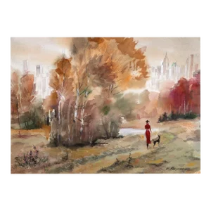 Autumn Stroll, Erik Freyman Watercolor With Pastels on Paper, Signed in Pen