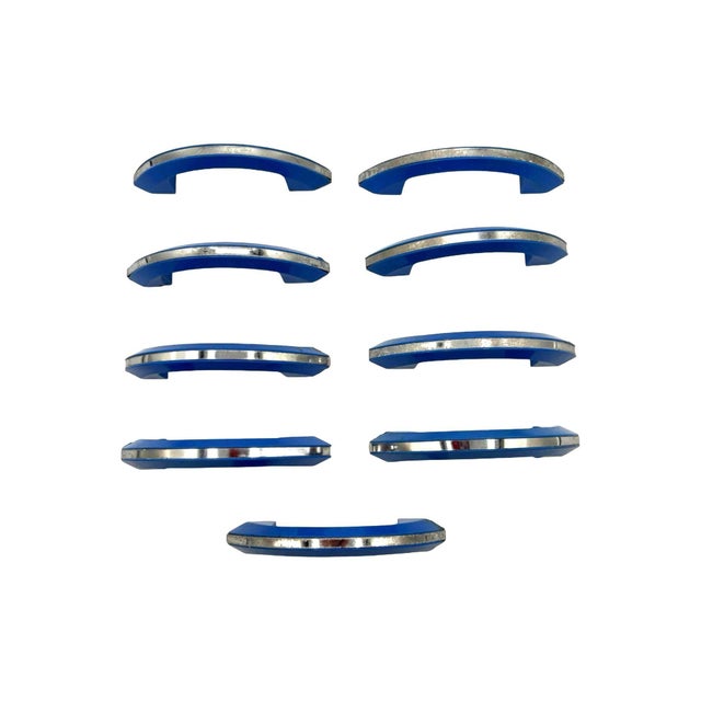 Set of 9 candy sky blue Catalin (colored Bakelite) drawer/door pull knobs each with a chrome strip down the center....