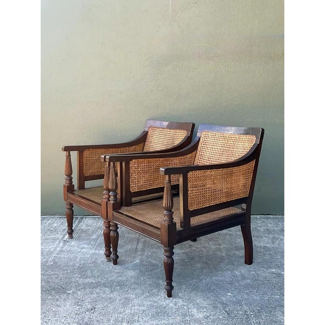 Brown Vintage Carved Wood and Cane Chairs - Pair For Sale - Image 8 of 12