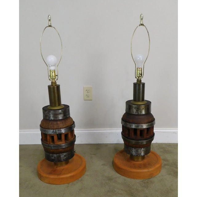 Heavy Wood and Steel Vintage Barrel Table Lamps - a Pair For Sale - Image 4 of 13