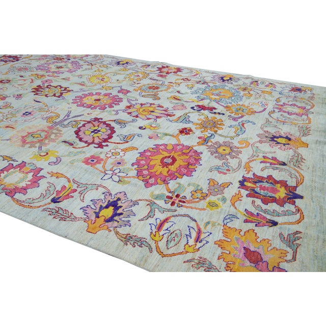 2020s Modern Oushak Handmade Multicolor Floral Pattern Oversize Blue Wool Rug For Sale - Image 5 of 10
