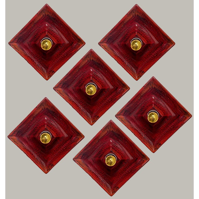 Gold Red Square Ceramic Wall Lights attributed to Hustadt Keramik, Germany, 1970s, Set of 6 For Sale - Image 8 of 15