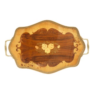 Mid Century Italian Marquetry Wooden Tray With Brass Handles For Sale