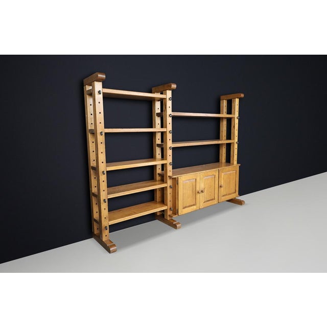 Large Brutalist Modular Shelving Unit in Oak with Metal Pegs and Cabinet, Belgium, 1960 For Sale - Image 12 of 17