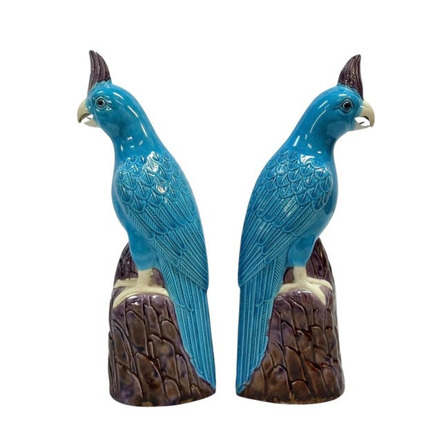 Vintage Chinoiserie Turquoise and Purple Glazed Parrot or Cockatoo Sculptures For Sale - Image 4 of 7