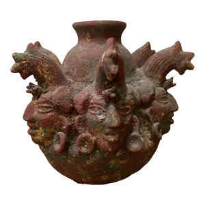 Early 20th Century Mayan Terracotta Vessel Sculpture With Figureheads