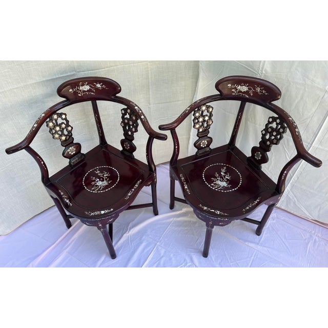 Vintage Chinese Carved Hardwood Corner Lounge Chair with Mother of Pearl Inlay. Impressive mother of pearl inlay...