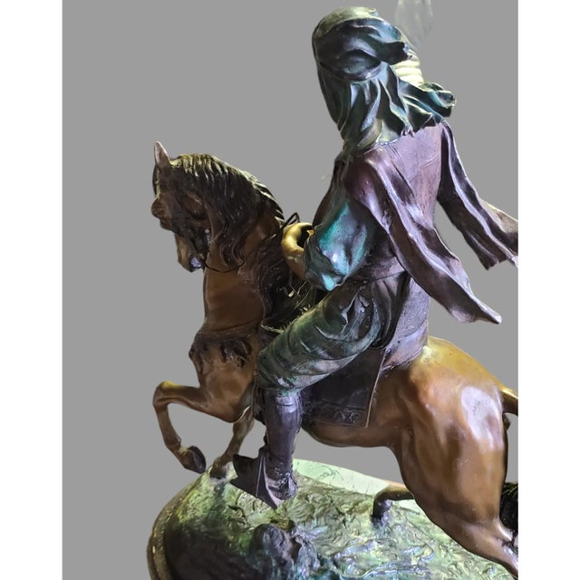 Vintage Barye Attributed "Arab Worrier on Horse" Bronze Sculpture Marble Base 30'' High For Sale - Image 9 of 12