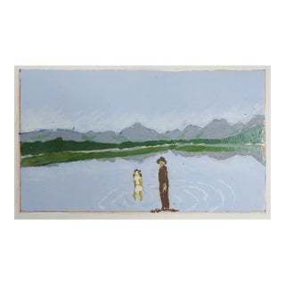1940s Outsider Folk Art Small Mountain Lake Landscape Painting For Sale