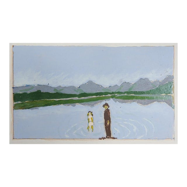 1940s Outsider Folk Art Small Mountain Lake Landscape Painting For Sale
