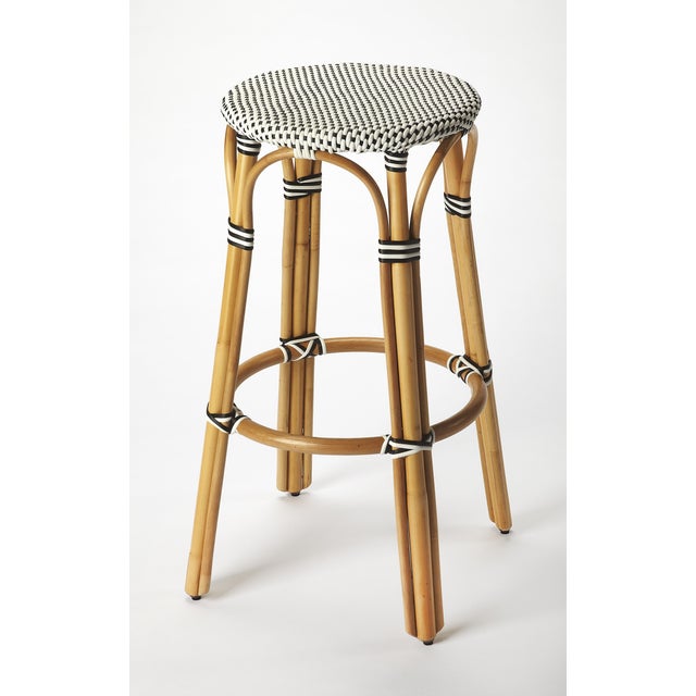 2020s Tobias 30 in. Seat Height Round Rattan Backless Bar Stool, White/Black Dot/ Natural Rattan Frame For Sale - Image 5 of 5
