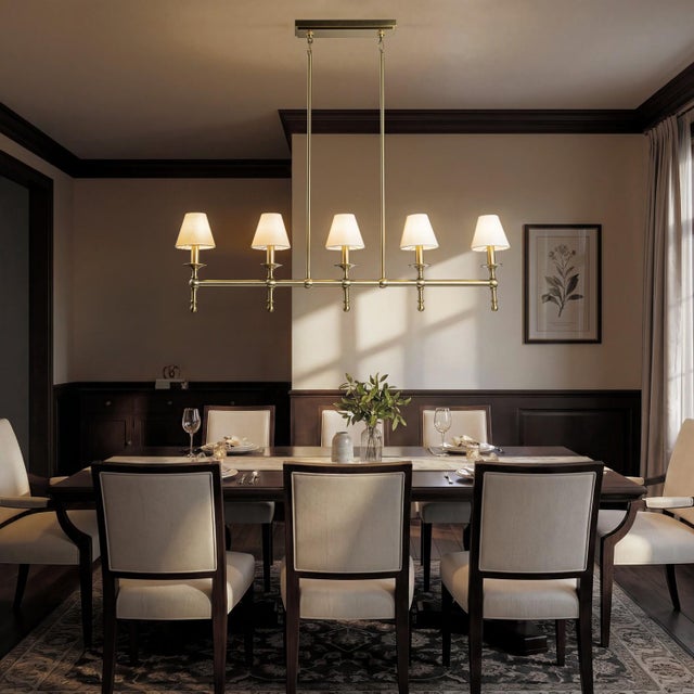 Aloadecor Transitional Warm Brass Linear Chandelier With Fabric Shades For Sale In Houston - Image 6 of 7