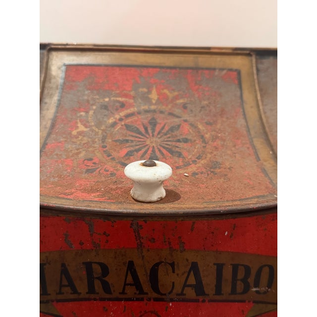 Rustic European Antique Maracaibo Tea Caddy Hand-Painted Tin Toleware Scenic Front For Sale - Image 3 of 11